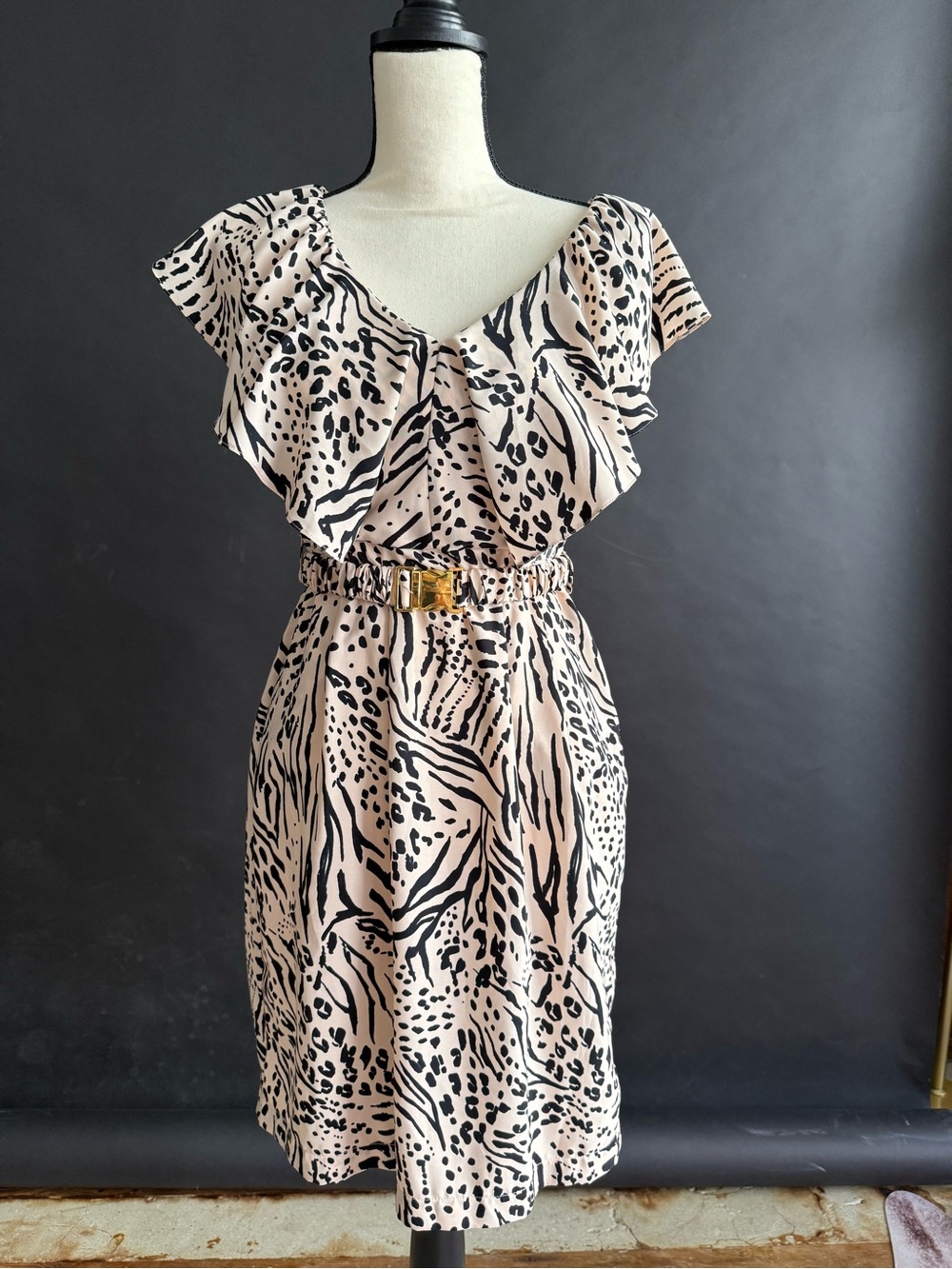 H&M Blush and Black Animal-Print Midi Dress with Gold Belt